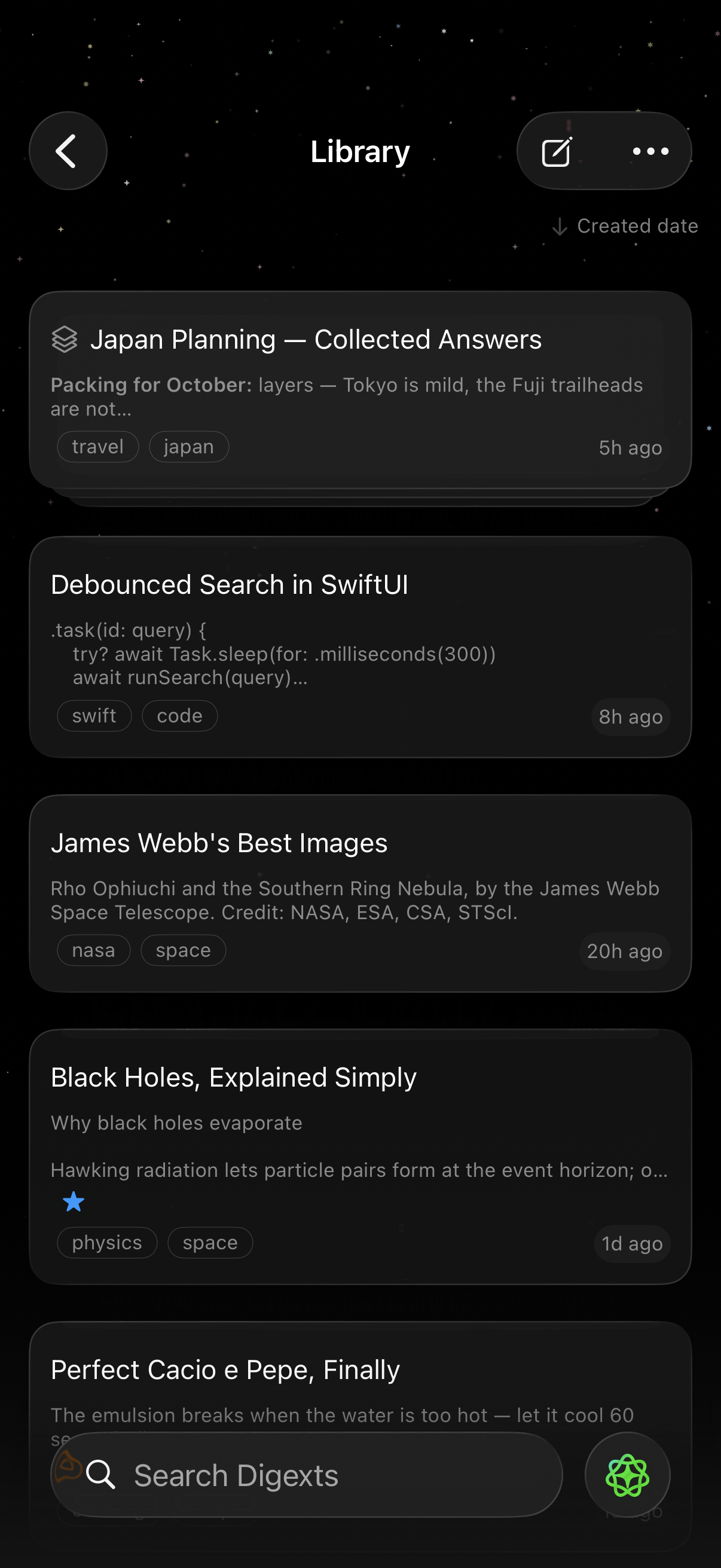 The library: titles and tags, none of them typed (dark)