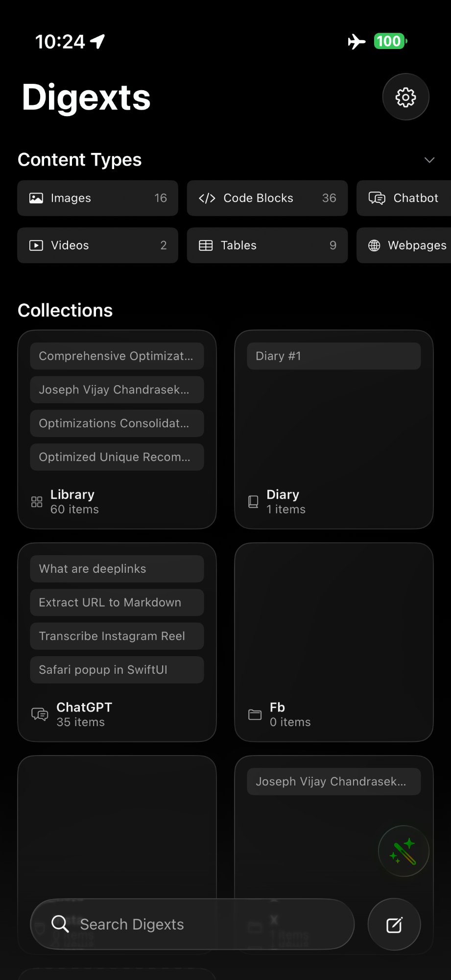 Digext home screen showing content types and collections